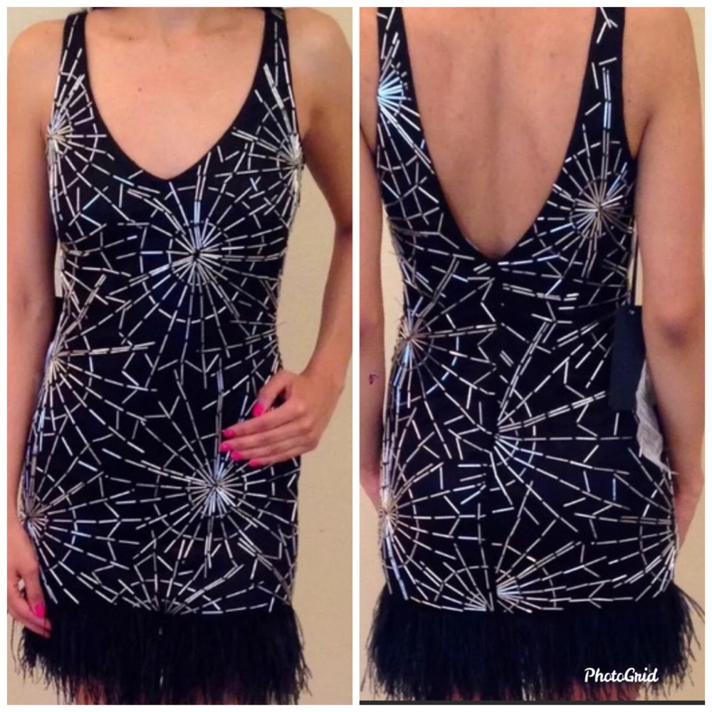 Bebe Black Silver Feather Beaded Women's Dress 4